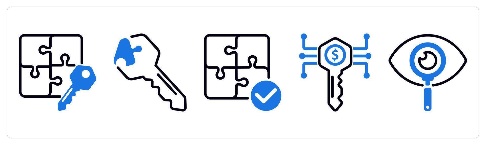 Set of 5 business icons as solution, solution key, solution plan vector
