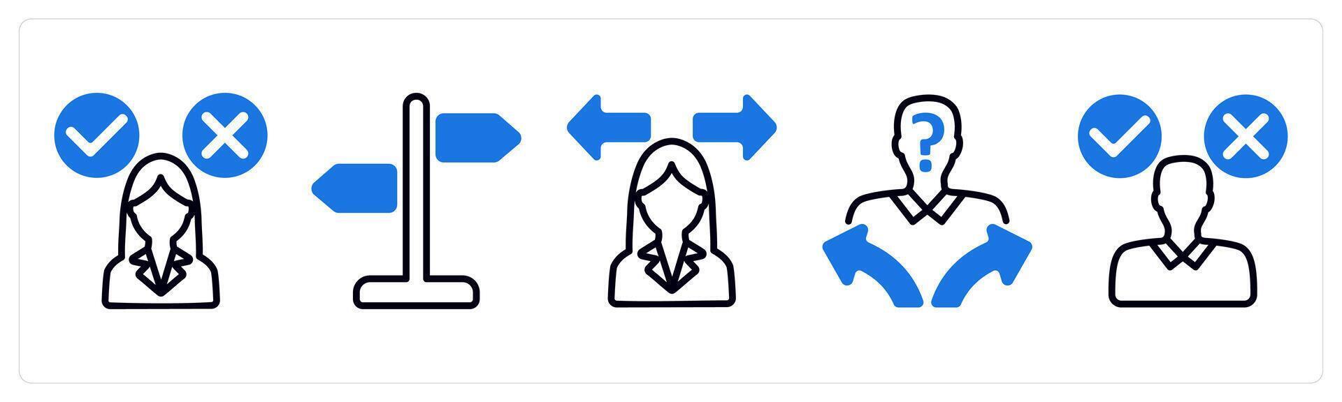 Set of 5 business icons as decision making confusion, direction sign, confusion in decision making vector