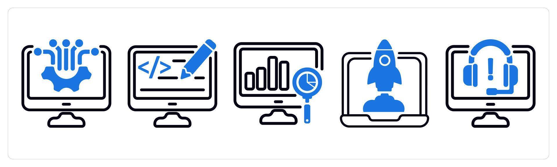 Set of 5 business icons as computer technology, web designing, analysis vector