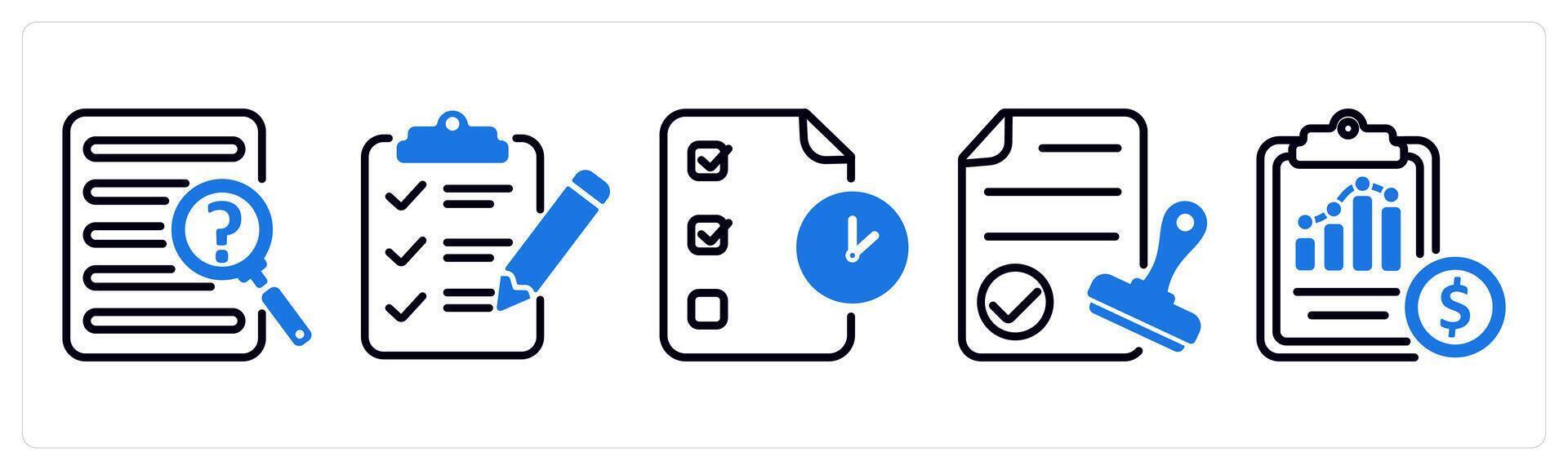 Set of 5 business icons as case study, testing sheet, audit vector