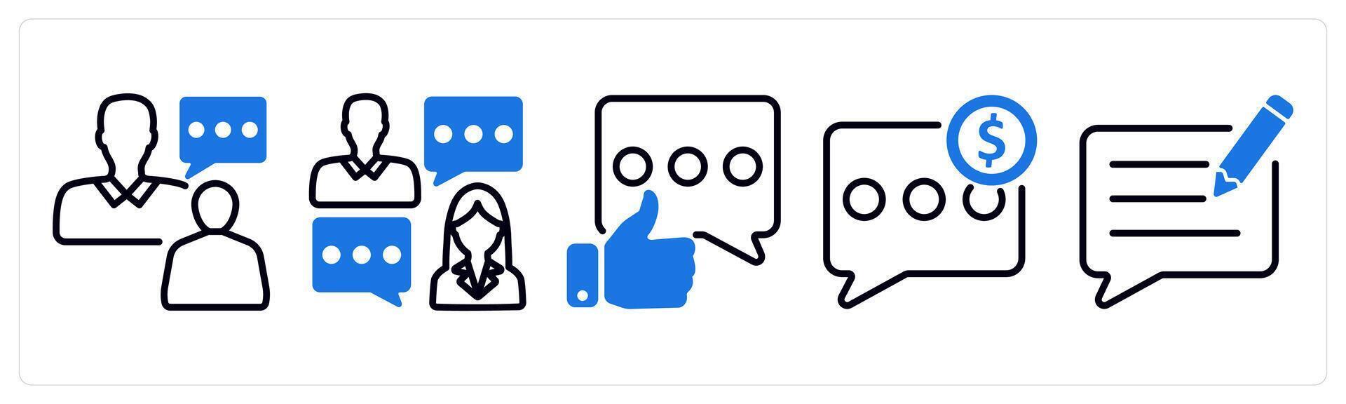 Set of 5 business icons as business talk, positive feedback, discuss budget vector