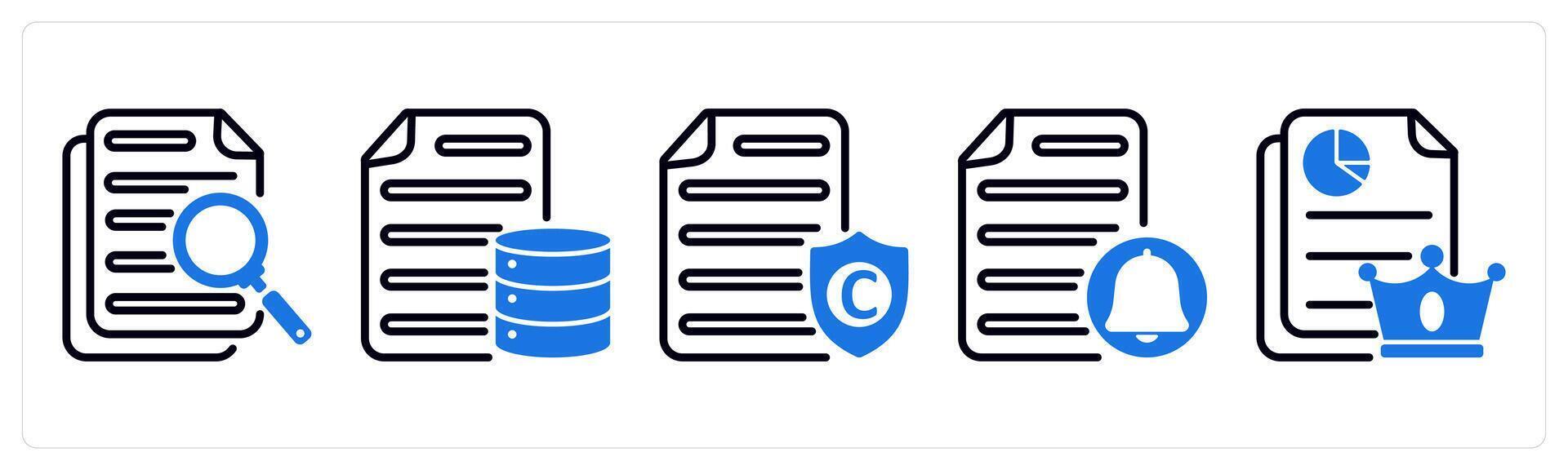 Set of 5 business icons as search document, database document, copyright protection vector