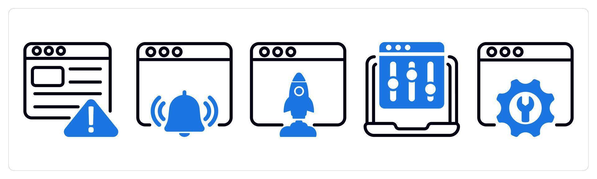 Set of 5 business icons as seo warning, seo notification, browser launch vector