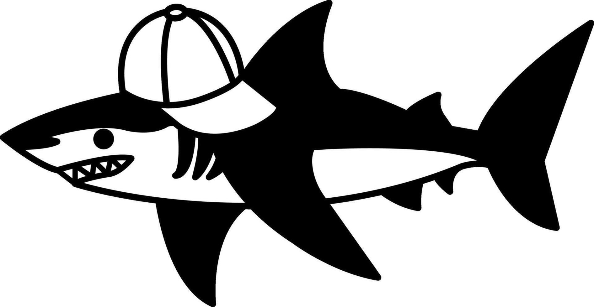 isolate black and white illustration of Shark wearing cap vector