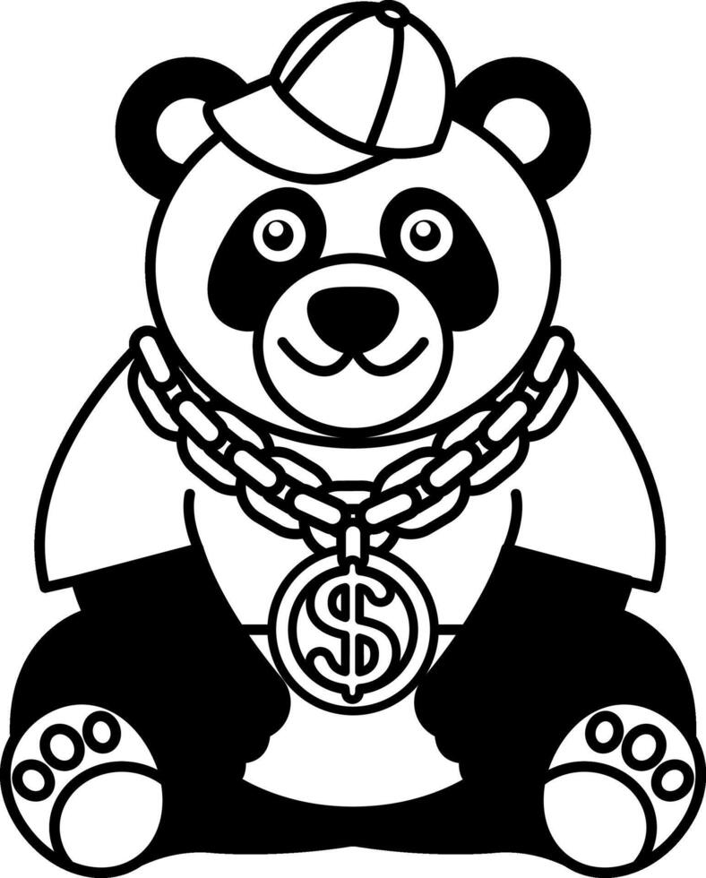 isolate black and white illustration of Panda wearing a cap and gold necklace vector