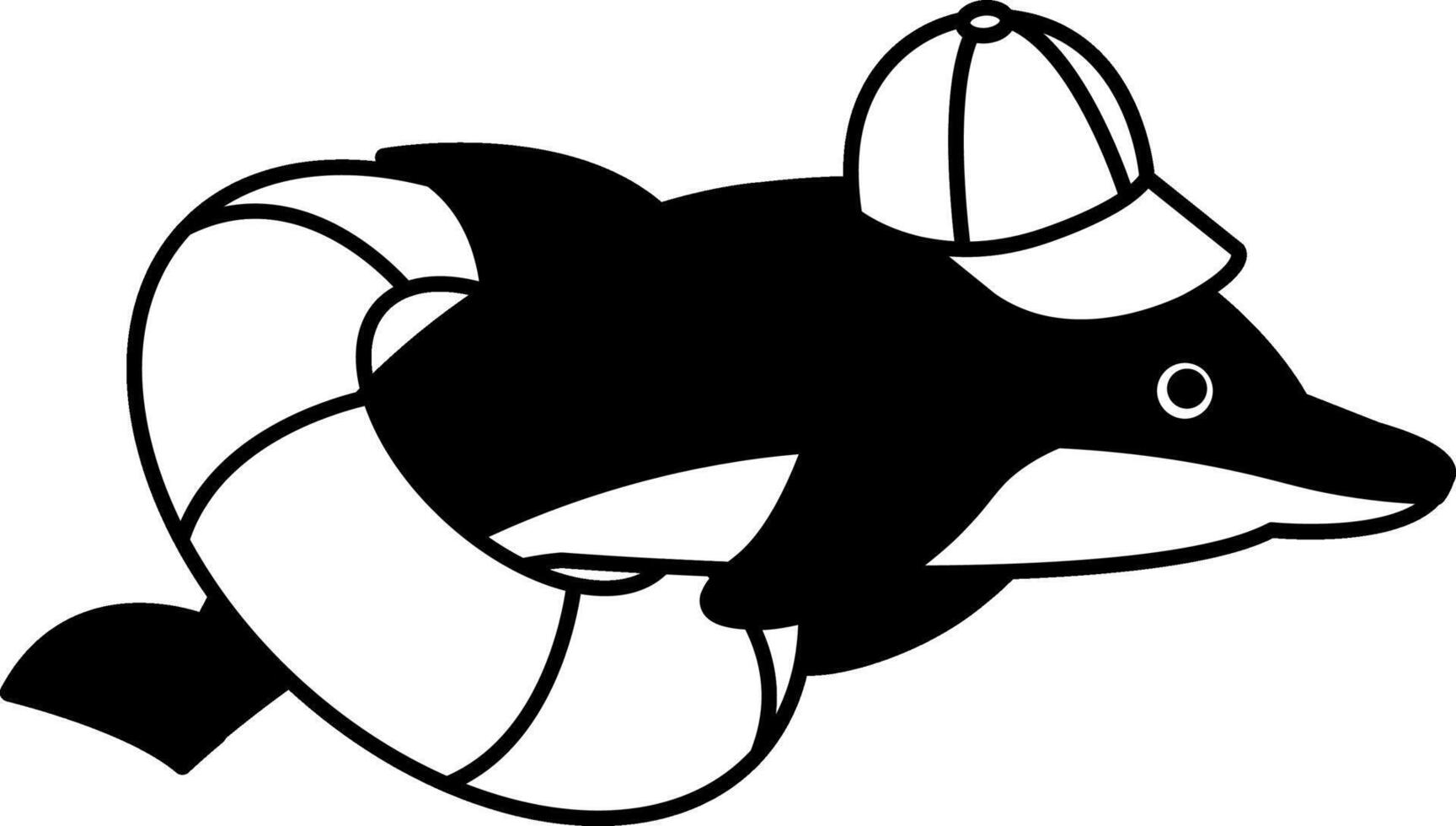isolate black and white illustration of Dolphin wearing a swim ring and a cap vector
