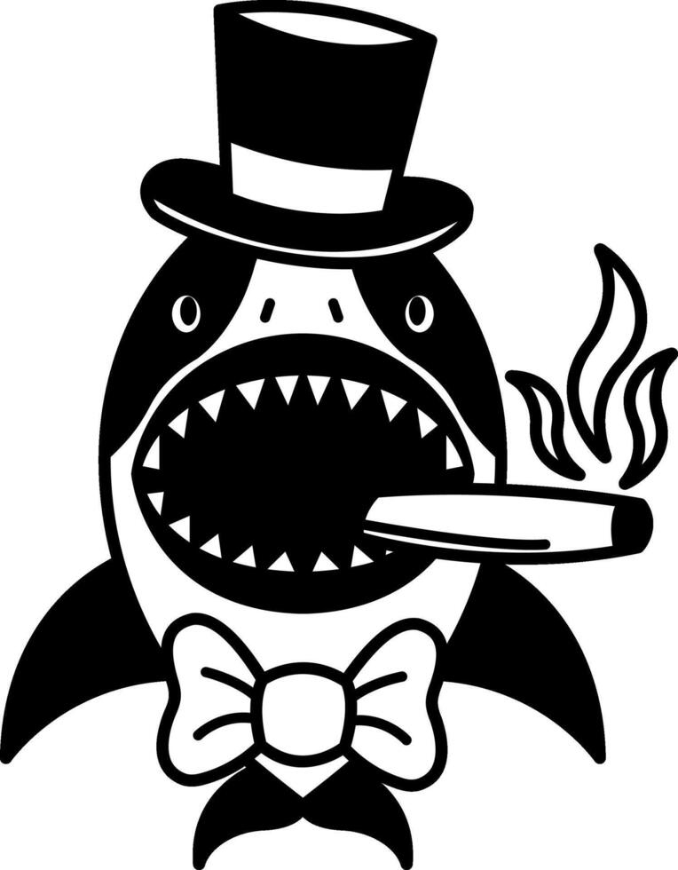 isolate black and white illustration of Shark wearing bow tie and smoking cigar vector