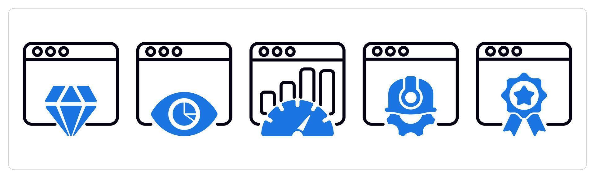 Set of 5 business icons as website reputation, impression report, seo performance vector