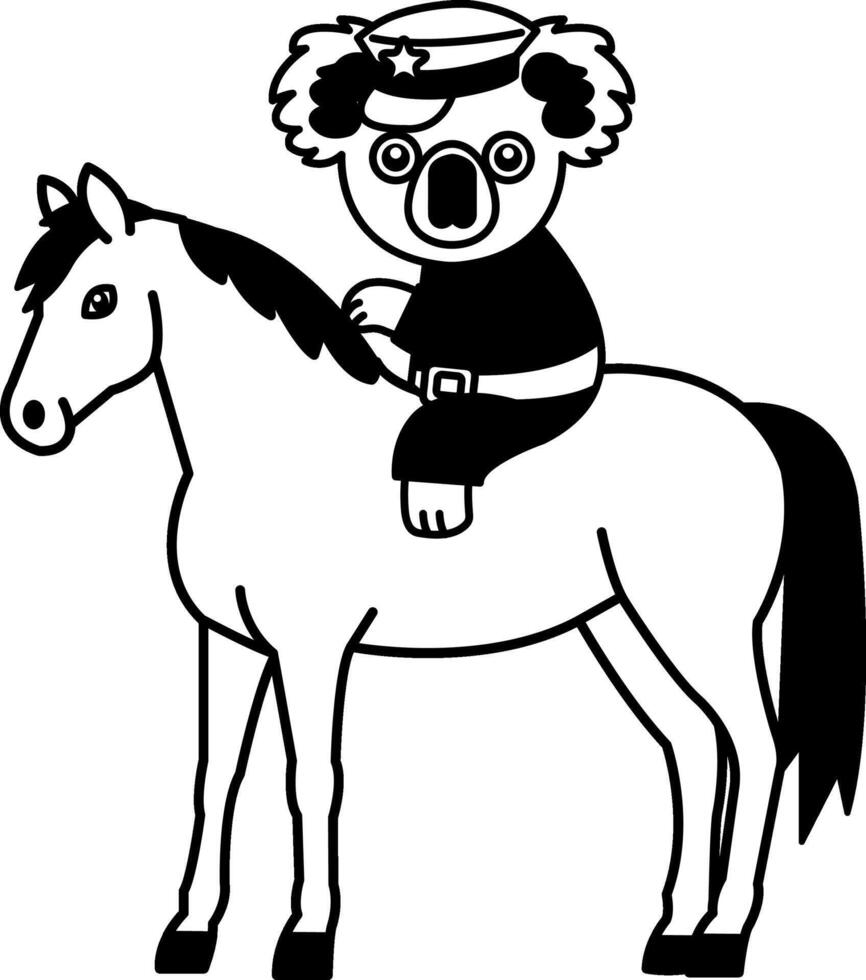 isolate black and white illustration of Koala in police uniform riding horse vector