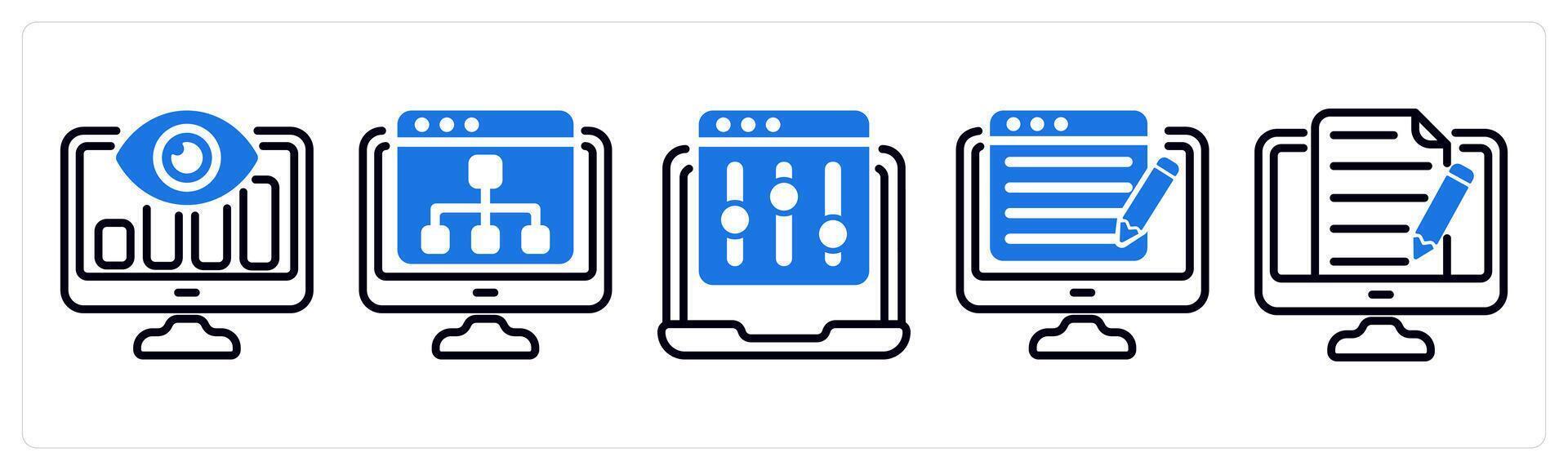 Set of 5 business icons as seo monitoring, web hierarchy, refine webpage vector