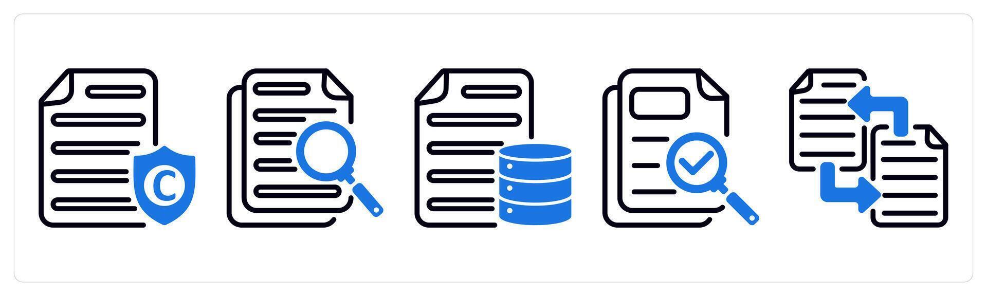 Set of 5 business icons as copyright protection, search document, database document vector