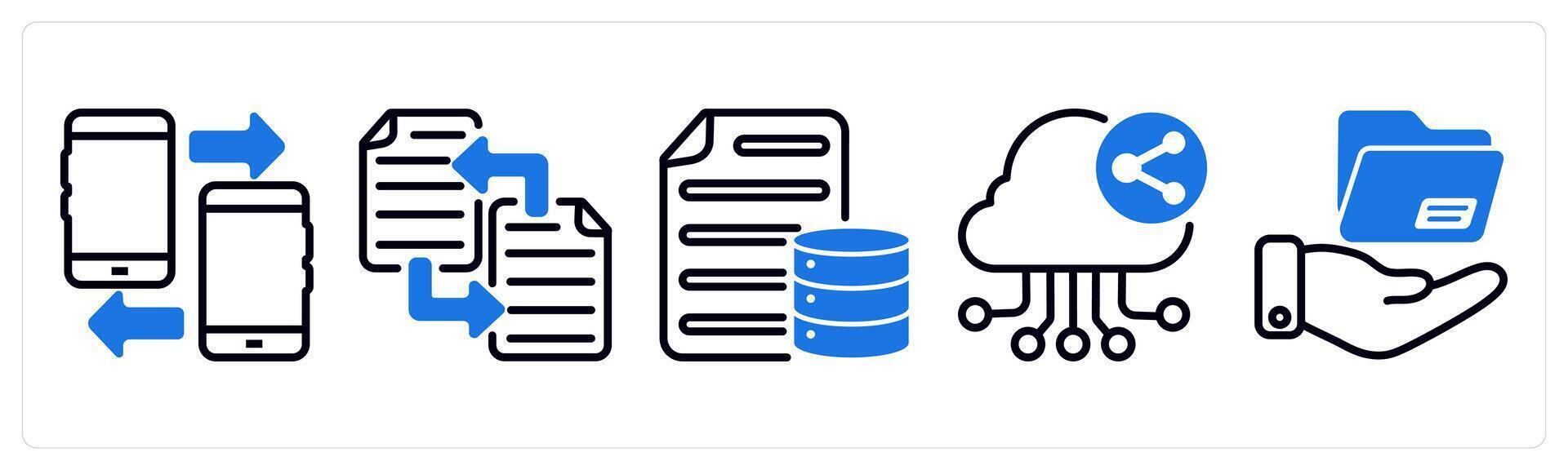 Set of 5 business icons as mobile data transfer, file transfer, database document vector