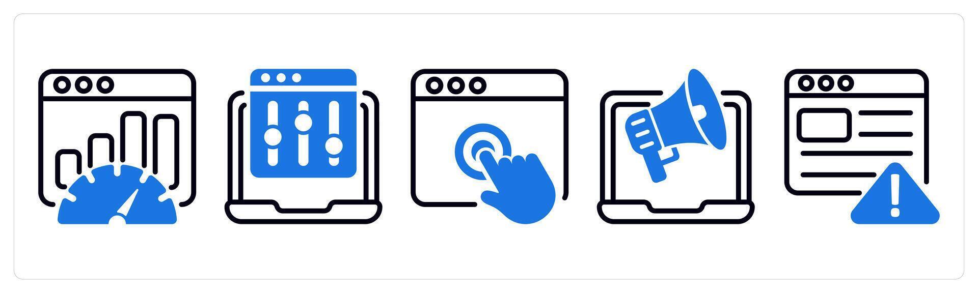 Set of 5 business icons as seo performance, refine webpage, touch vector