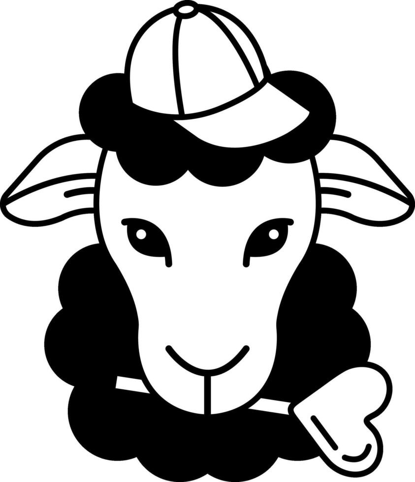 isolate black and white illustration of Sheep holding a candy and wearing a cap vector