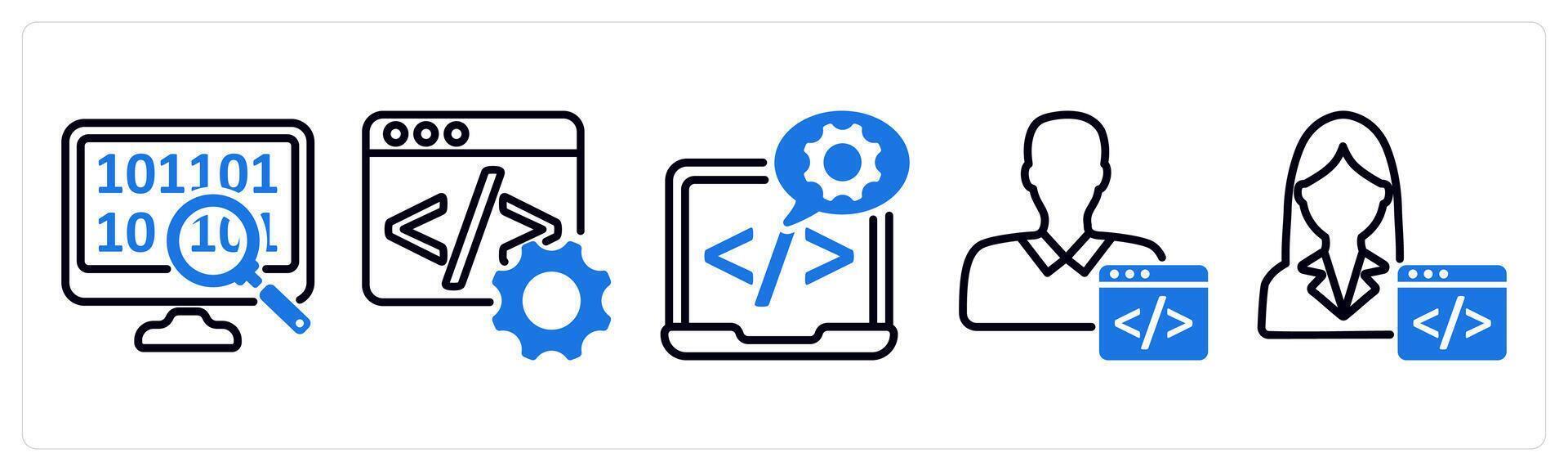 Set of 5 business icons as data search, programming, software development vector