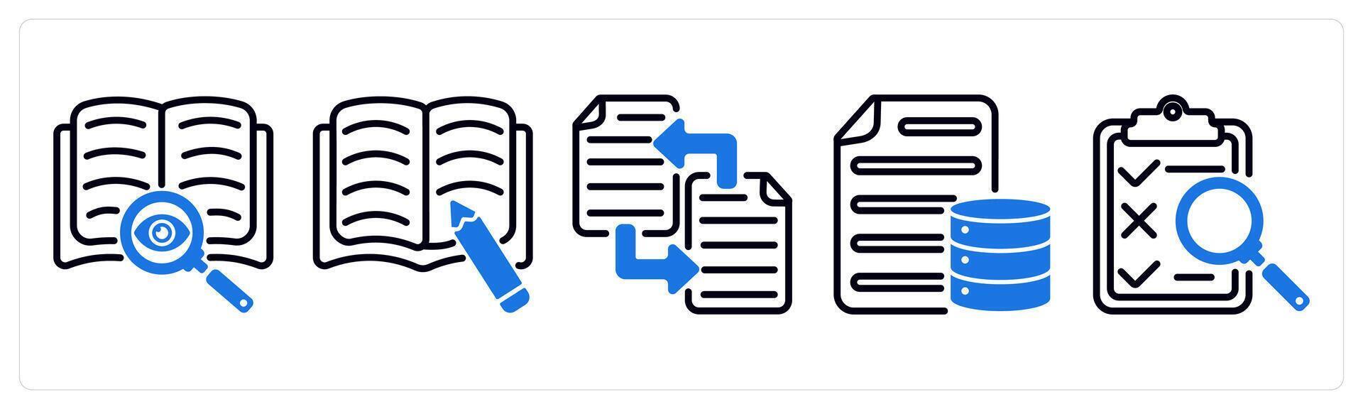 Set of 5 business icons as find content, article ariting, file transfer vector
