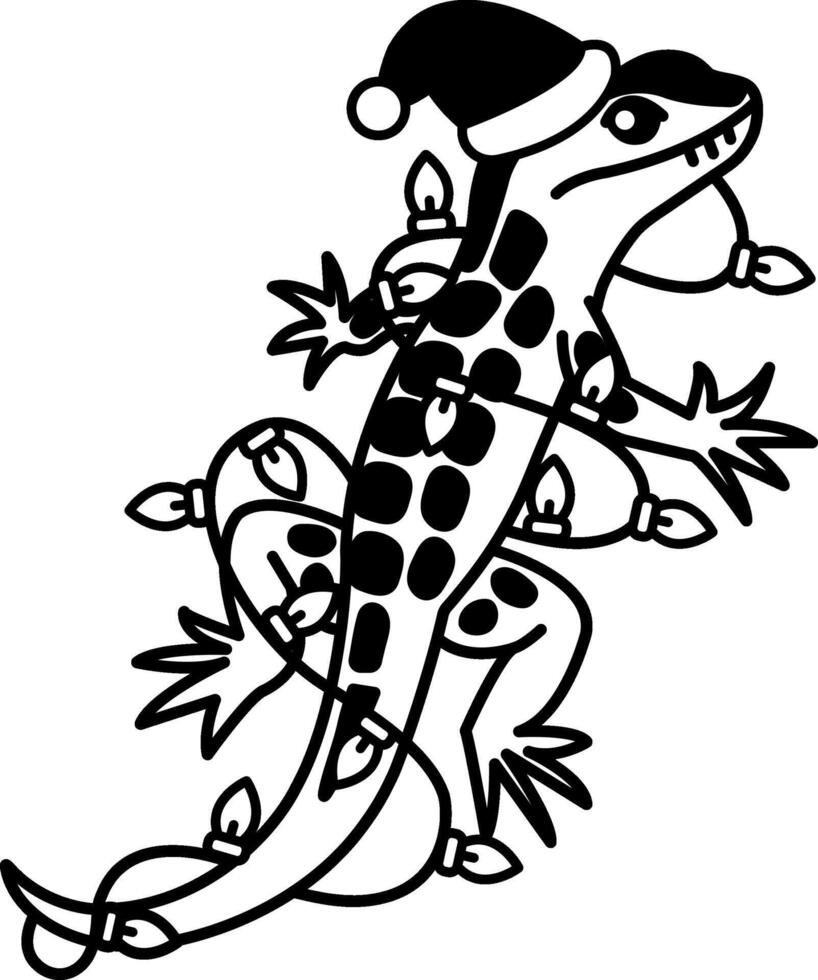 isolate black and white illustration of Lizard with Santa hat and wires wrapped around body vector