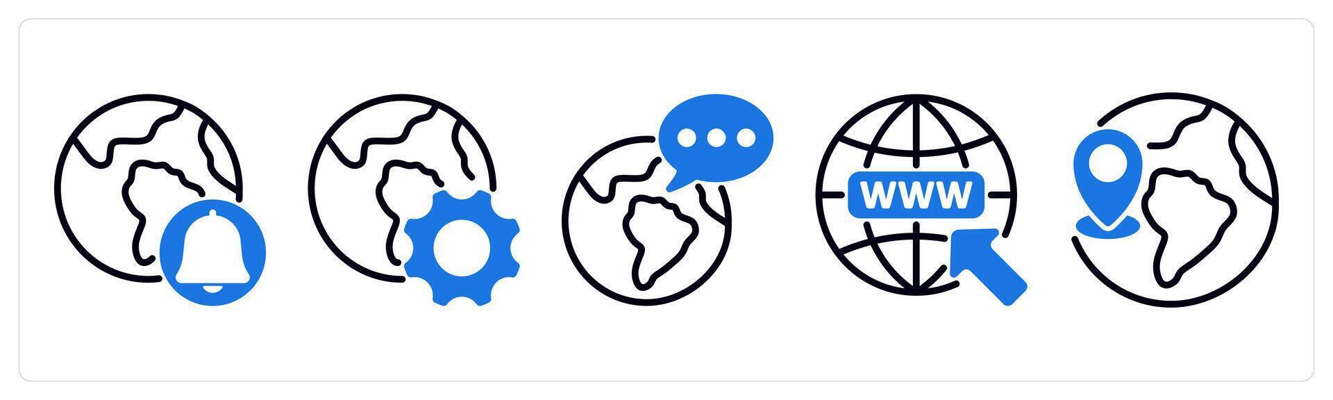 Set of 5 business icons as global notification, browser optimization, global communication vector