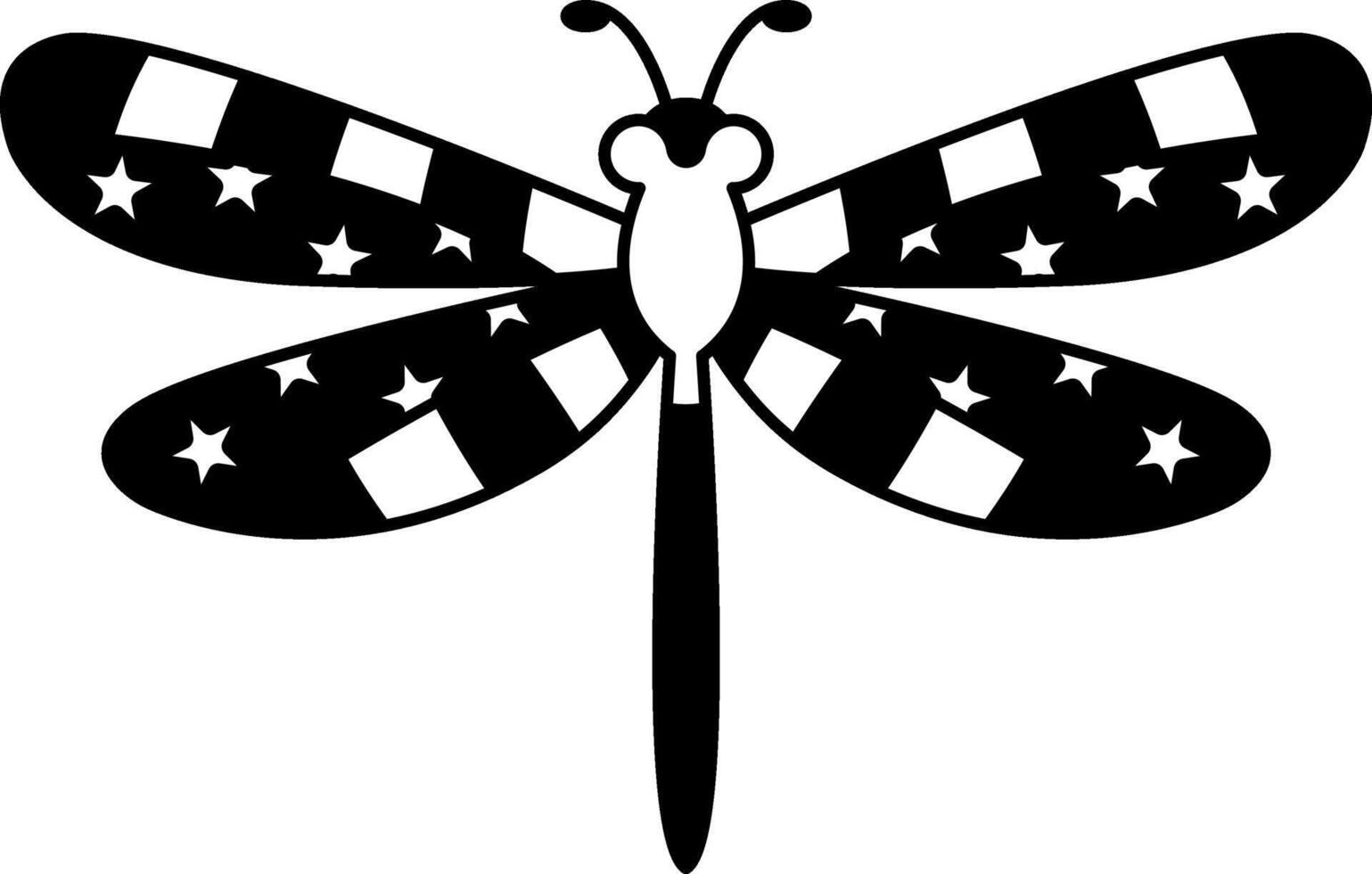 isolate black and white illustration of Dragonfly with wings patterned with an American flag vector