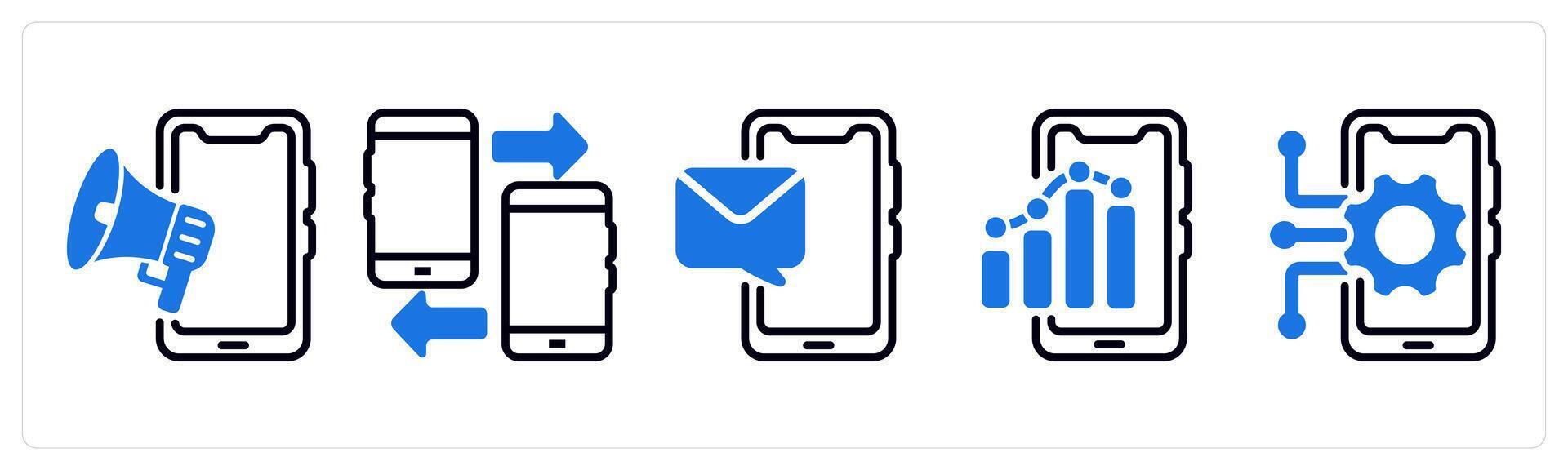 Set of 5 business icons as mobile advertising, mobile data transfer, mobile message vector