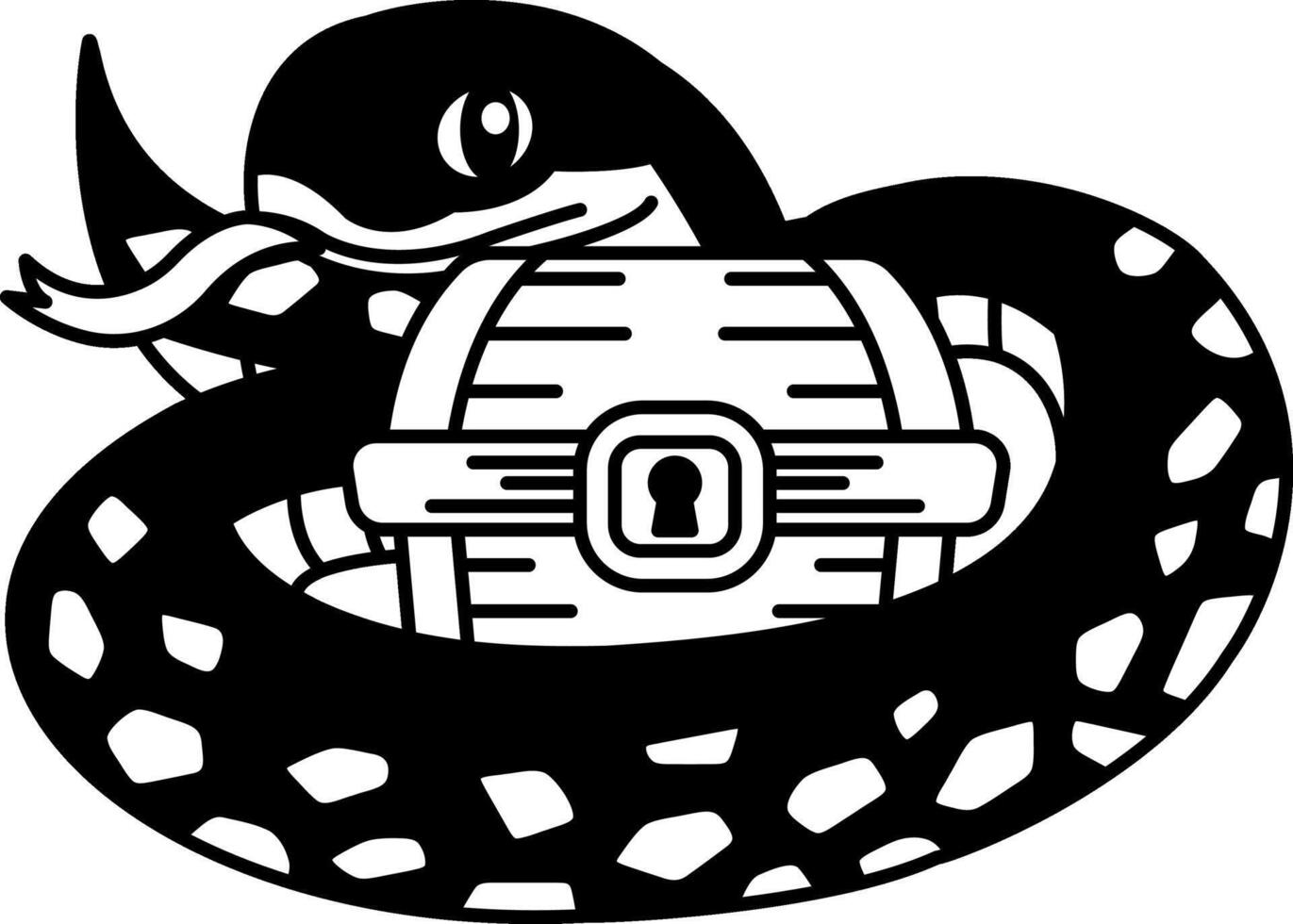 isolate black and white illustration of Snake wrapped around a treasure chest vector