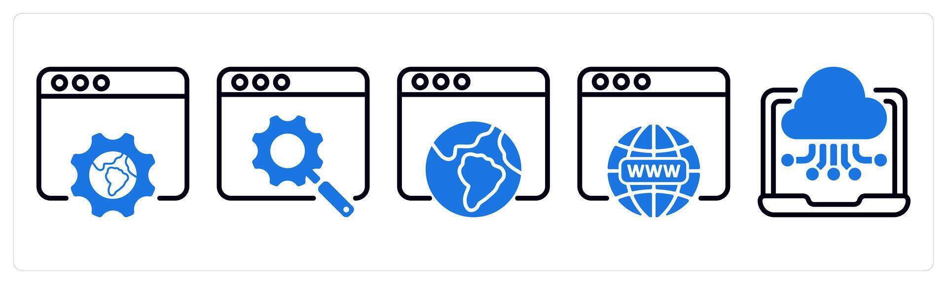 Set of 5 business icons as browser settings, search engine optimization, internet browsing vector