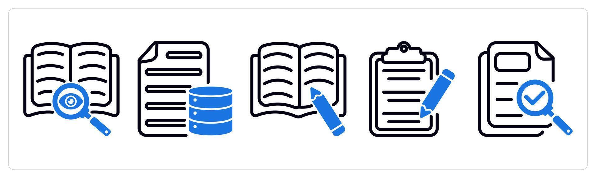 Set of 5 business icons as find content, database document, article writing vector