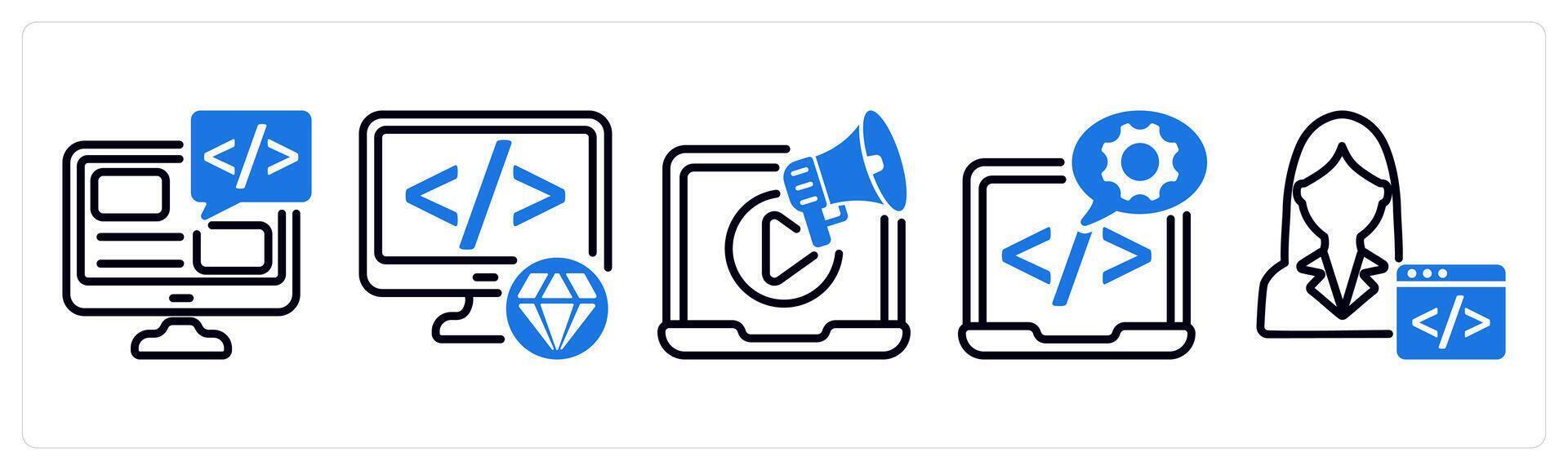 Set of 5 business icons as programming, clean code, marketing vector