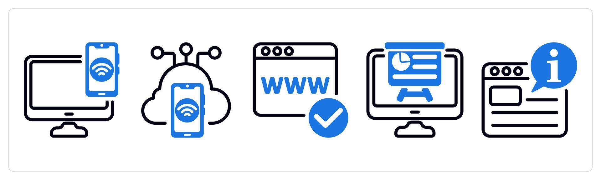 Set of 5 business icons as device connectivity, iot, domain registration vector