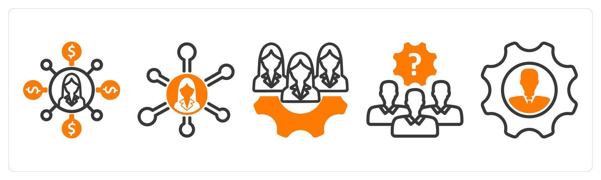 Set of five business icons as affiliate marketing, business network, expert team vector