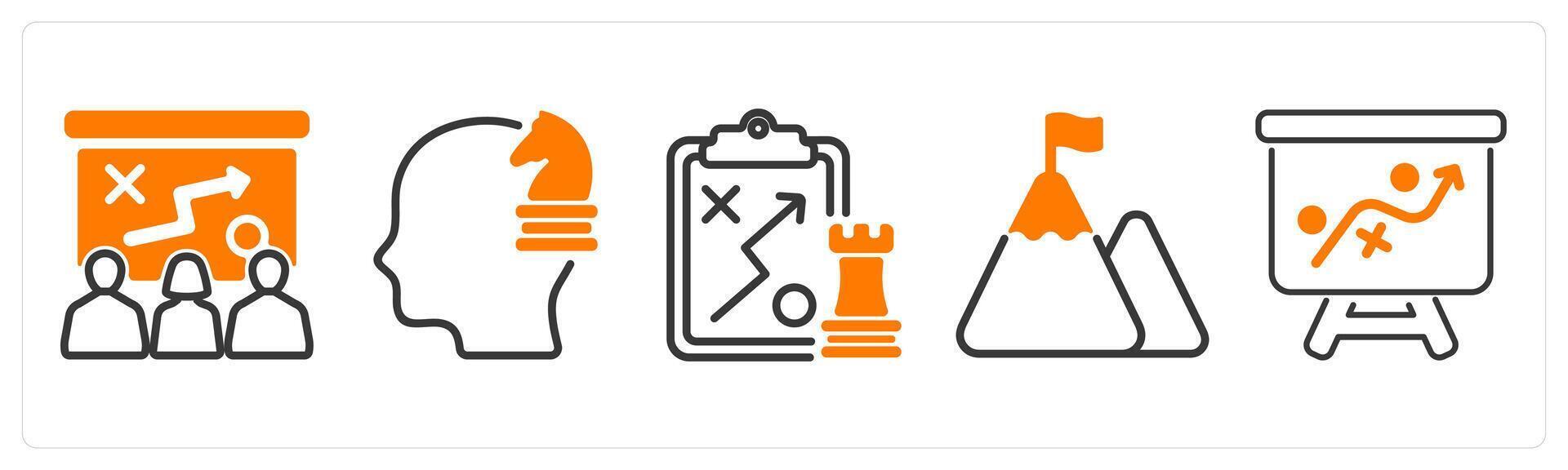 Set of five business icons as presenting tactics, strategic thinking, tactics vector
