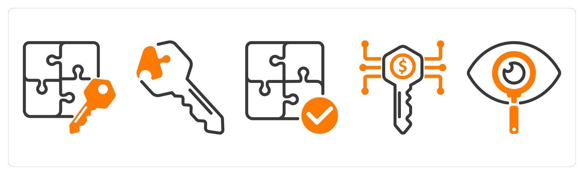 Set of five business icons as solution, solution key, solution plan vector