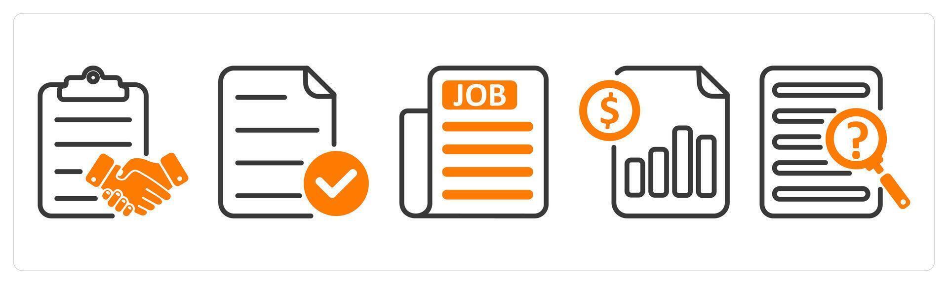 Set of five business icons as agreement, verified file, job newspaper vector