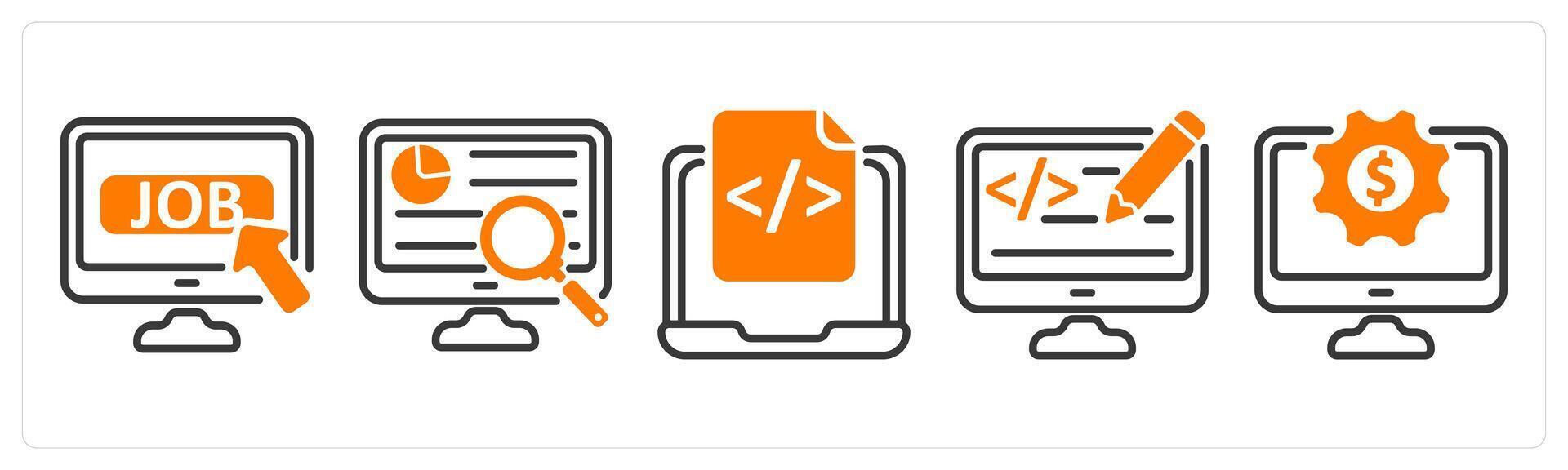 Set of five business icons as job apply, research, web development vector