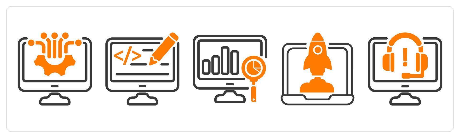 Set of five business icons as computer technology, web designing, analysis vector