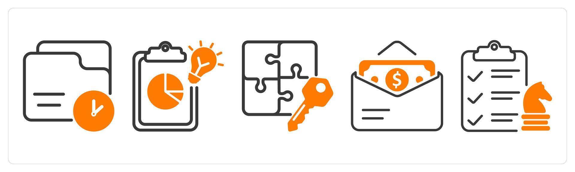 Set of five business icons as history record, creative report, solution vector