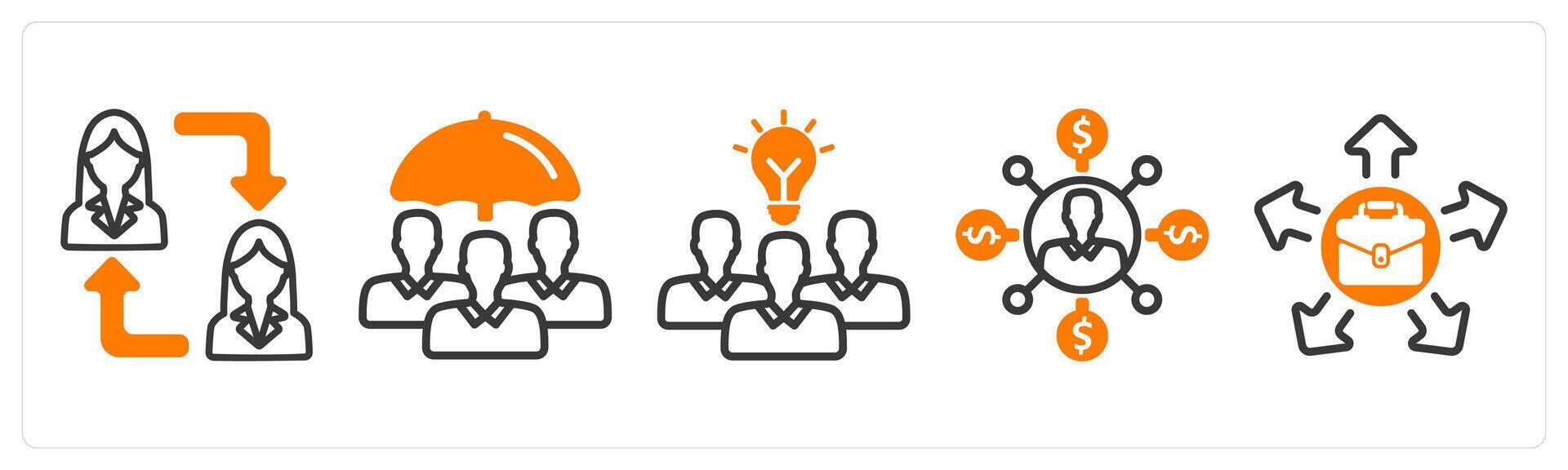 Set of five business icons as employee change, employee insurance, teamwork solution vector