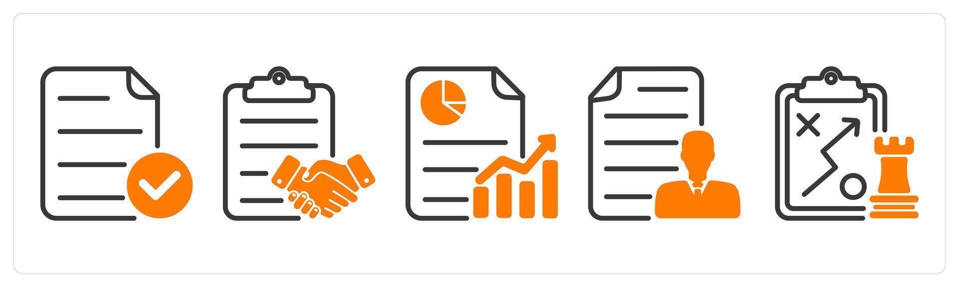 Set of five business icons as verified file, agreement, business progres vector
