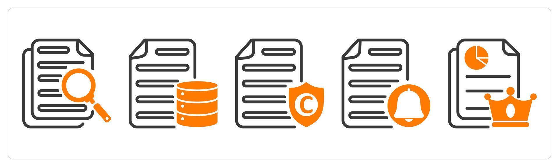 Set of five business icons as search document, database document, copyright protection vector