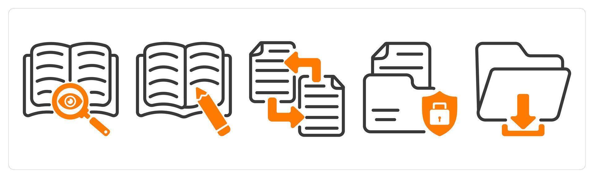 Set of five business icons as find content, article writing, file transfer vector