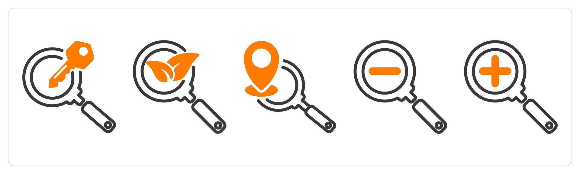 Set of five business icons as search keyword, organic search, local seo vector