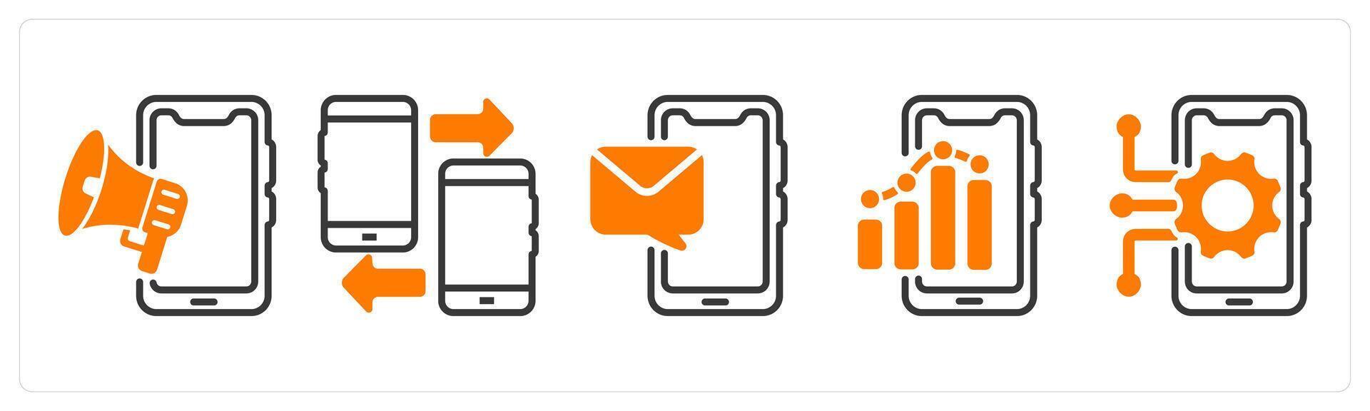 Set of five business icons as mobile advertising, mobile data transfer, mobile message vector