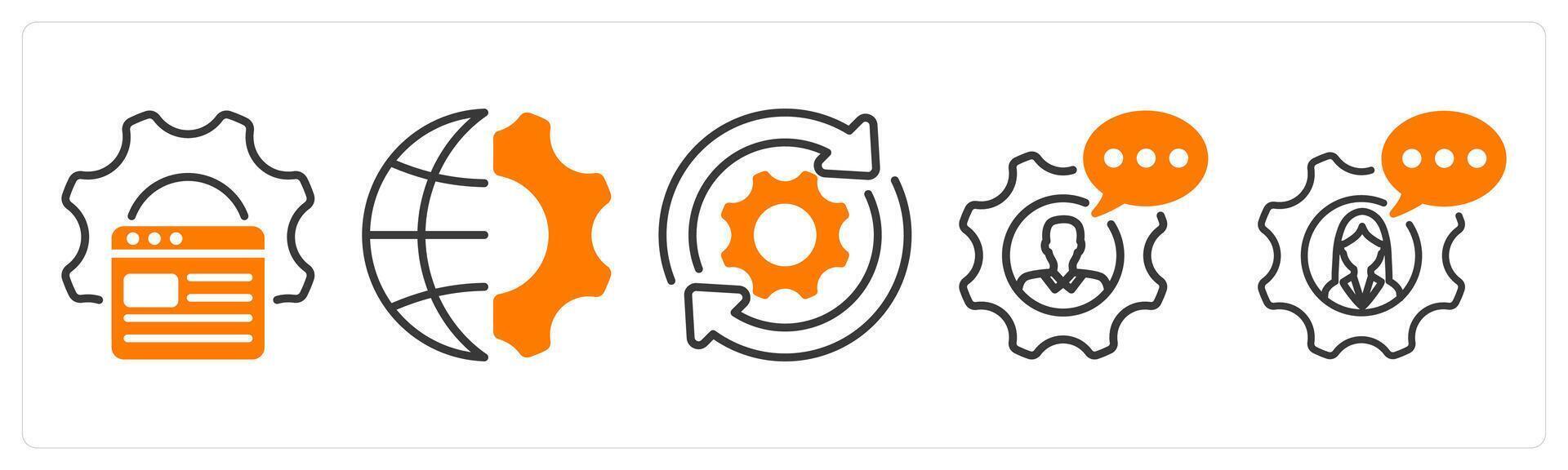 Set of five business icons as website optimization, global engineering, update vector