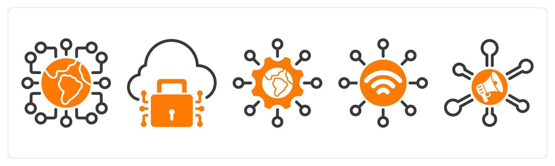 Set of five business icons as connectivity, cloud protection, global technology vector