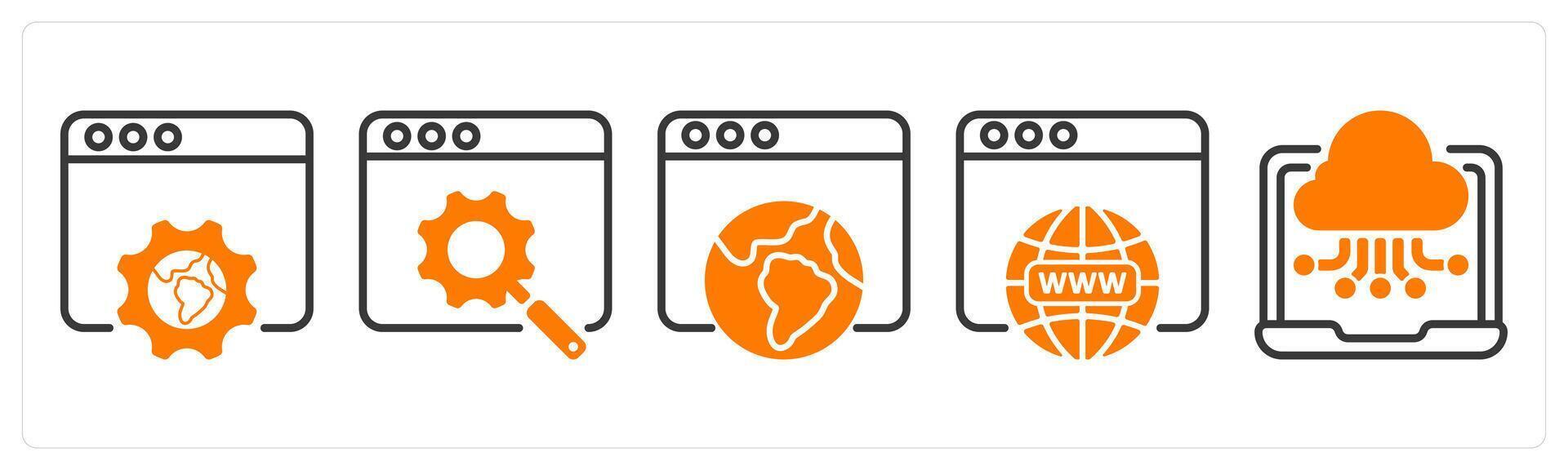 Set of five business icons as browser settings, search engine optimization, internet browsing vector