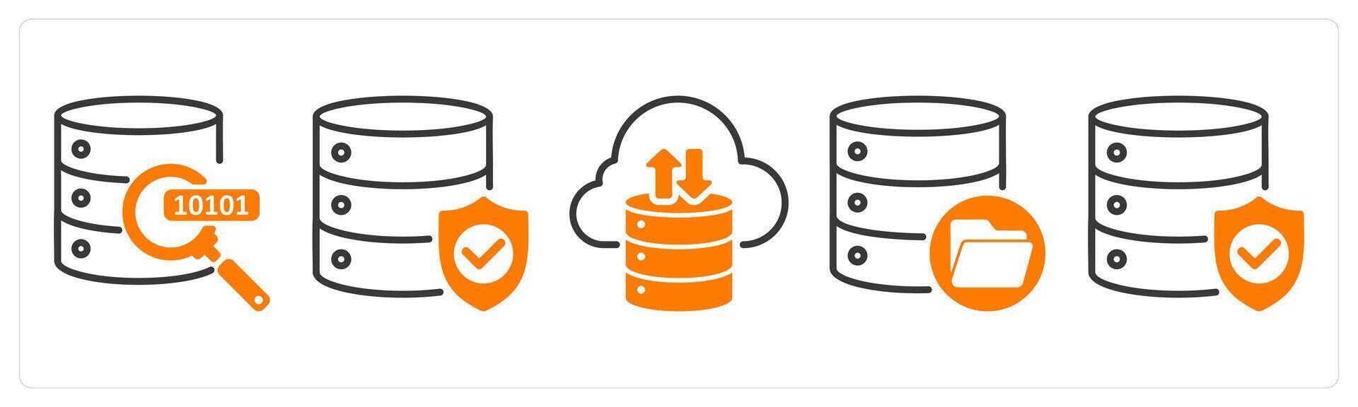 Set of five business icons as find data, database protection, cloud storage vector