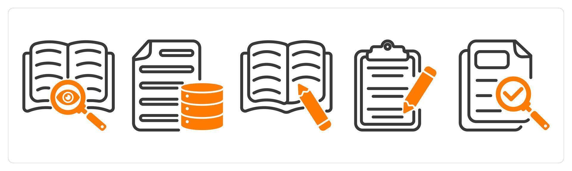 Set of five business icons as find content, database document, article writing vector