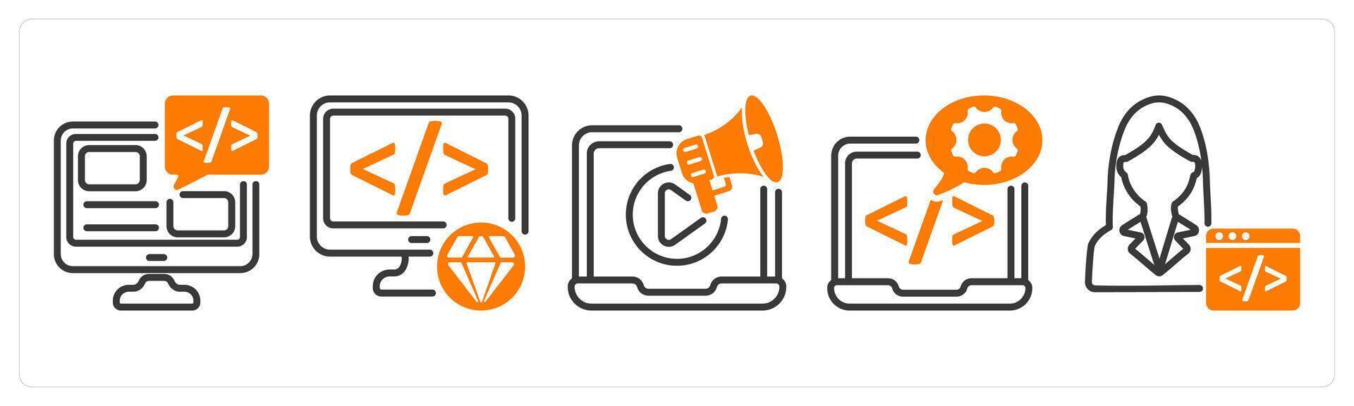Set of five business icons as programming, clean code, marketing vector
