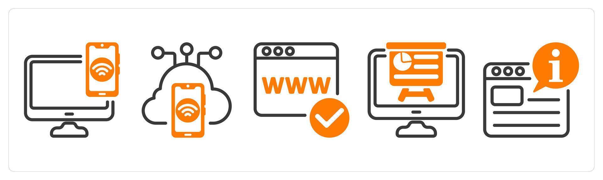 Set of five business icons as device connectivity, iot, domain registration vector