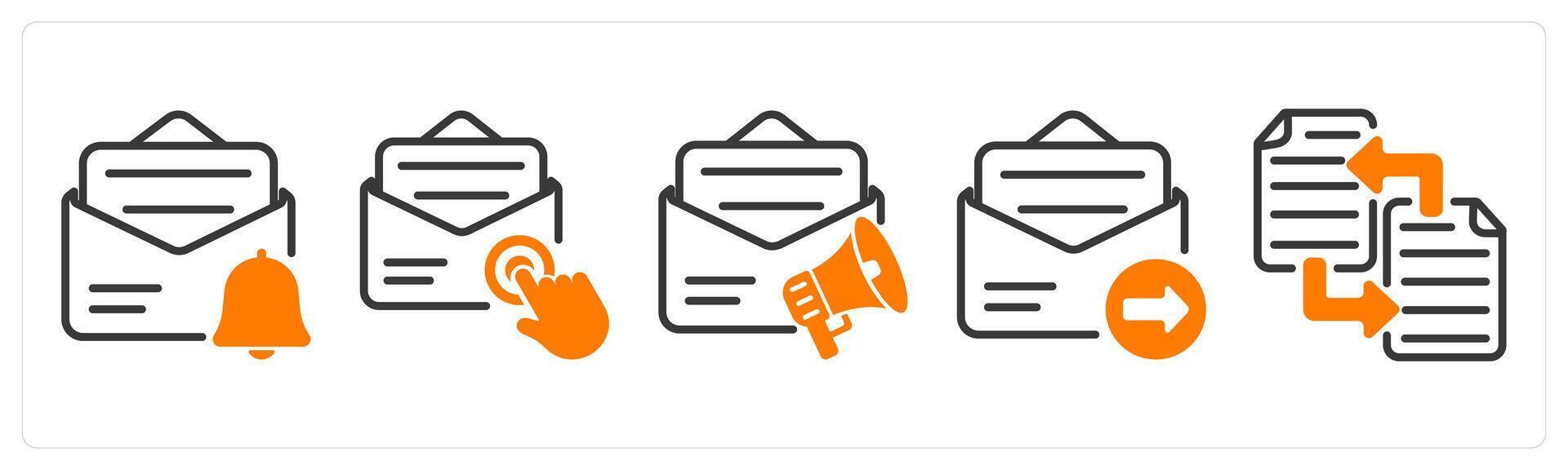 Set of five business icons as email alert, email subscription, email advertising vector
